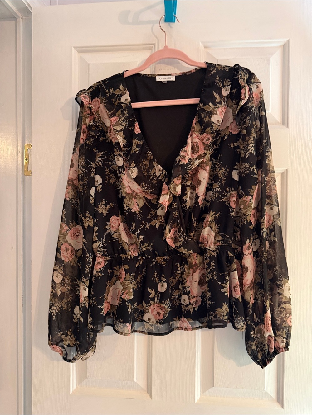 Chiffon Floral Ruffle V-Neck Blouse - Black with Pink Floral